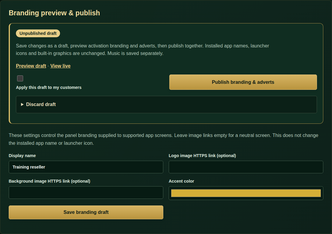 Panel branding preview and publish controls