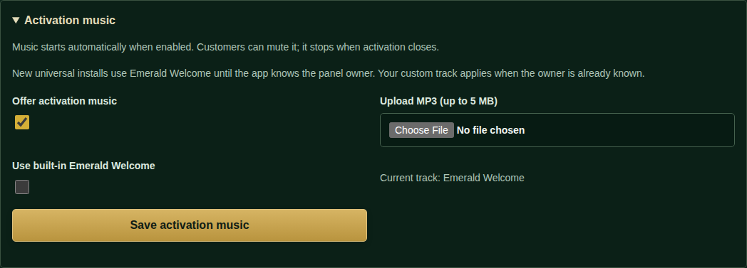 Activation music on/off, built-in track, and MP3 upload controls