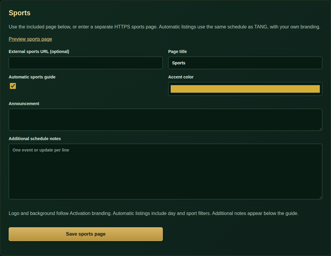 Sports & announcements controls in the Mastermind panel
